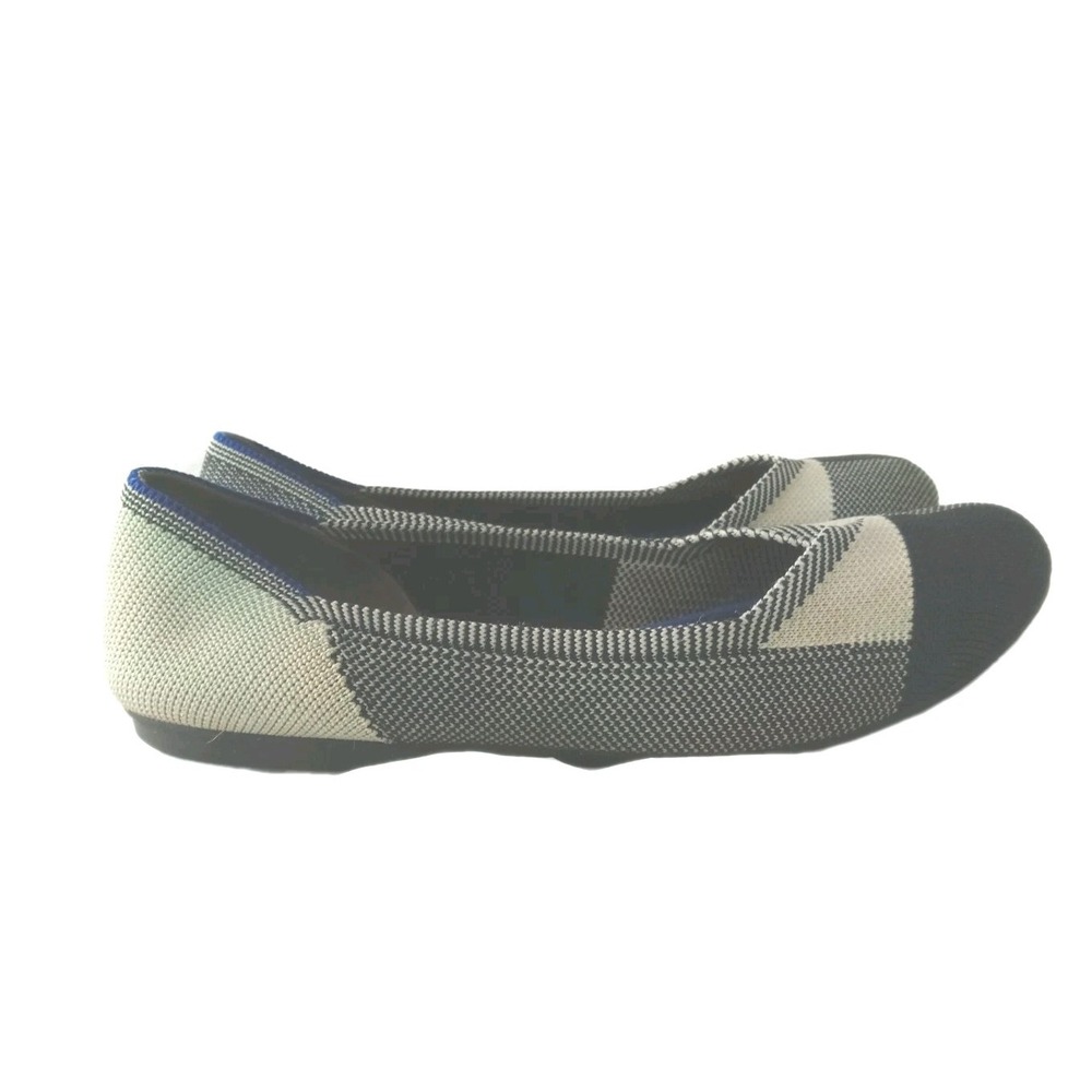 Rothys The Flat Cap Round Toe Black Cream Plaid Womens Size 7 Slip On Shoes